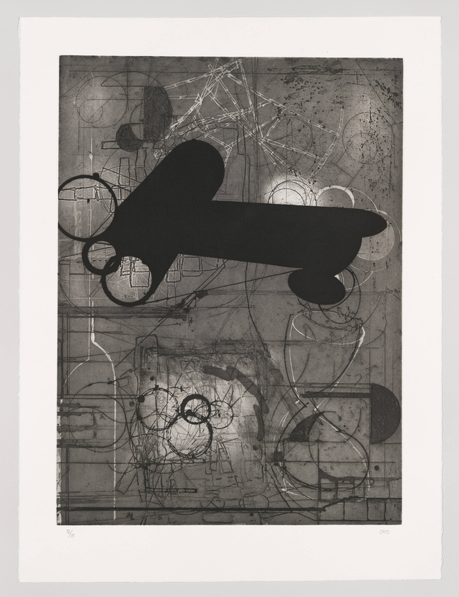 A monochromatic abstract artwork featuring a large, dark silhouette of a skateboard-like shape overlaid on a complex background of geometric and free-form lines, circles, and textures that resemble a technical or architectural drawing. The composition is rendered in shades of black and gray, with the background showing varying degrees of transparency and layering, creating a sense of depth and intricacy.