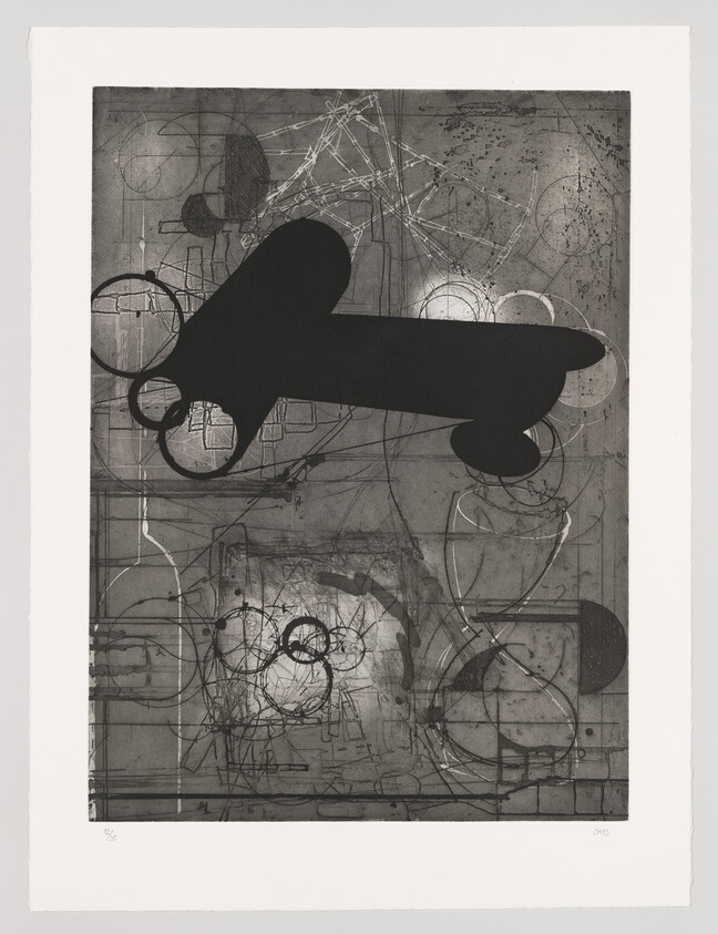 Large black abstract airplane shape overlays a background of technical circles and sketch-like diagrams.