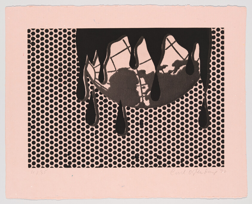 A halftone patterned rectangle shows a dripping black paint globe against a pale pink background.