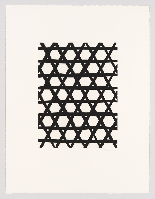 A black and white abstract print featuring a repetitive pattern of interlocking diamond shapes on a white background. The artwork has a geometric precision and is signed in the bottom right corner.