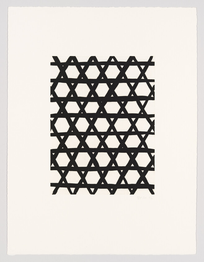Repeating black six-point star pattern forms a grid of interlocking shapes on a white background.