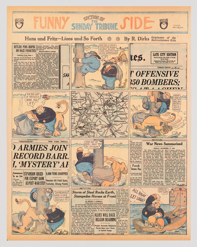 Vintage newspaper page with comic strips and World War II news articles, dated April 16, 1944.