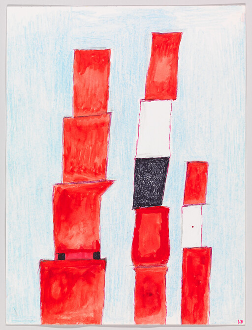 Three vertical stacks of red rectangular blocks stand against a pale blue background, one with a black and white block.