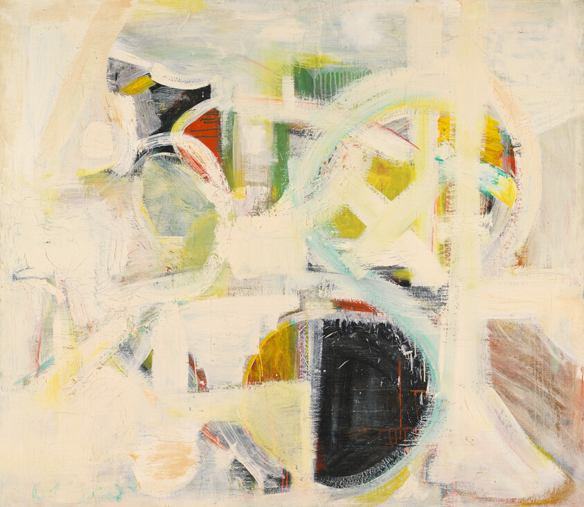 Abstract painting with pale background, overlapping circles and geometric shapes in muted yellow, black, and green.