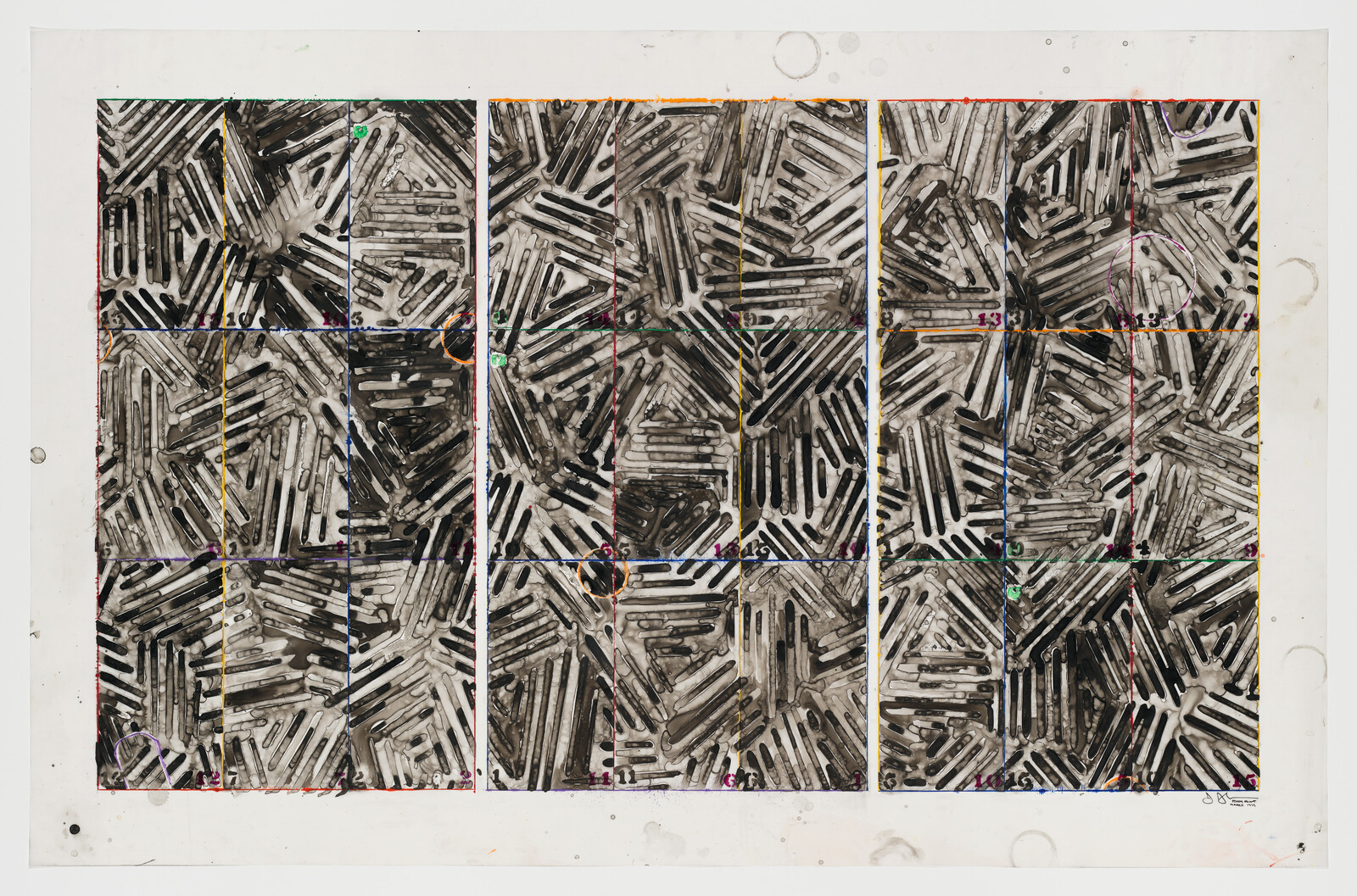 A mixed media artwork composed of multiple panels, each featuring an abstract pattern of overlapping black and white lines with occasional splashes of color. The panels are bordered by colorful tape, and the entire piece is mounted on a white background with visible screws at the corners.
