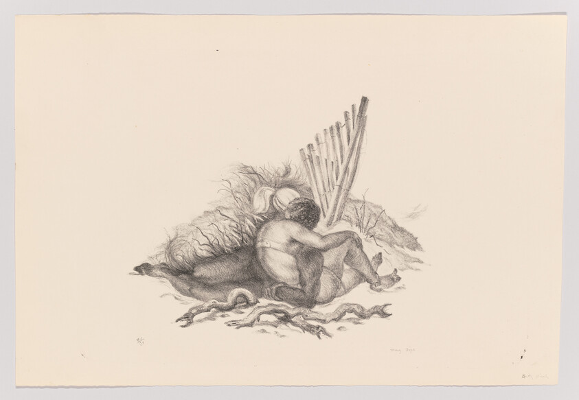 A crouched figure sits hugging their knees beside reeds and tangled roots.