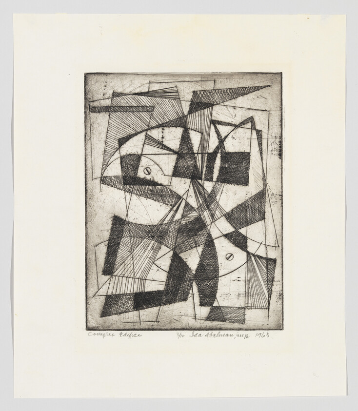 Abstract black-and-white etching with intersecting geometric shapes, lines, and textured shading.