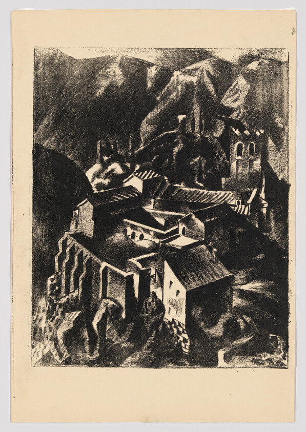 A dark monochrome print showing a clustered mountain village with steep roofs and rocky cliffs.