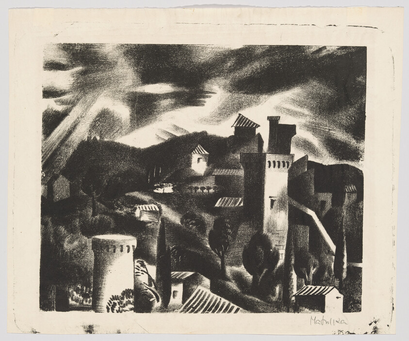 A small hillside village with tall stone towers under a dramatic, cloudy sky.