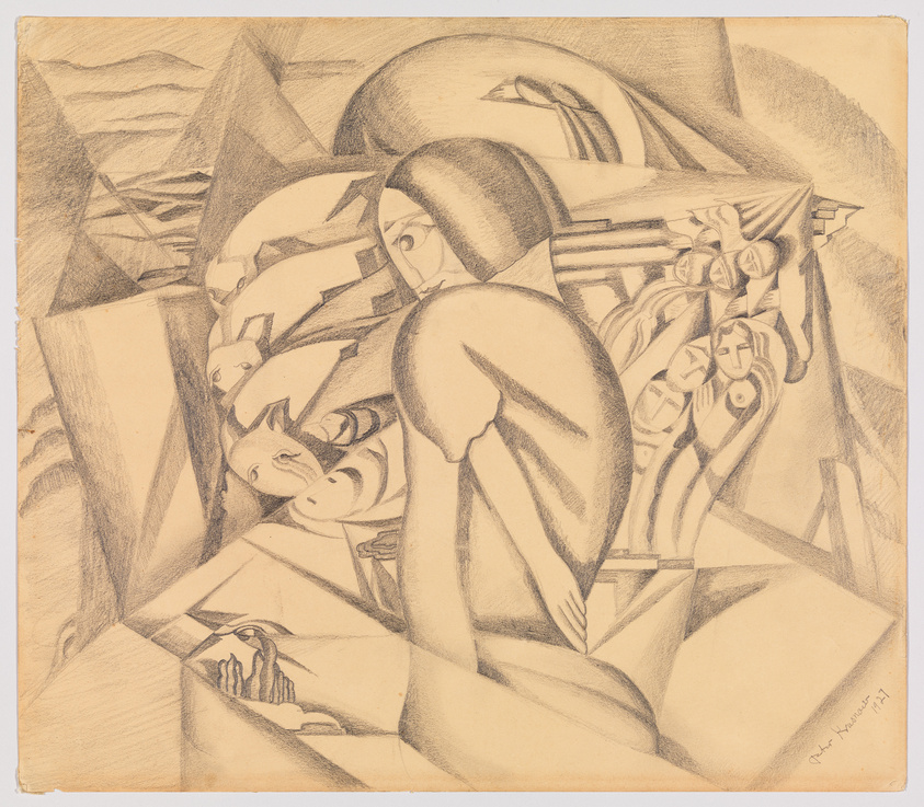 A pencil drawing depicting a complex, abstract composition with overlapping geometric shapes and fragmented figures. The central figure appears to be a woman with a contemplative expression, surrounded by various forms that suggest other figures and possibly architectural elements. The artwork has a cubist influence, with a muted color palette emphasizing the interplay of light and shadow. The artist's signature and the year '47 are visible in the lower right corner.