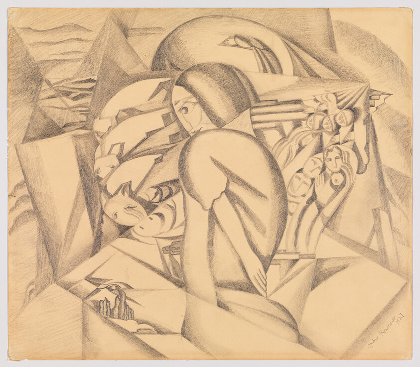 A stylized woman with bowed head among abstract geometric shapes and fragmented faces.