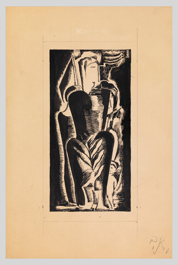 Two tall abstract figures loom over a smaller figure crouching in a dark vertical composition.