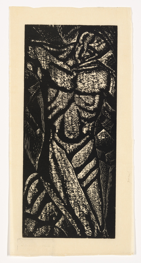 A black and white woodcut print depicting an abstract, muscular human figure with exaggerated forms and dynamic lines, creating a sense of movement and tension. The artwork is on a beige paper with rough edges, and there's a visible crease or fold line at the bottom.