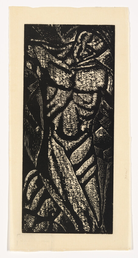 Nude muscular figure twisting with arms raised in a high-contrast black-and-white linocut.