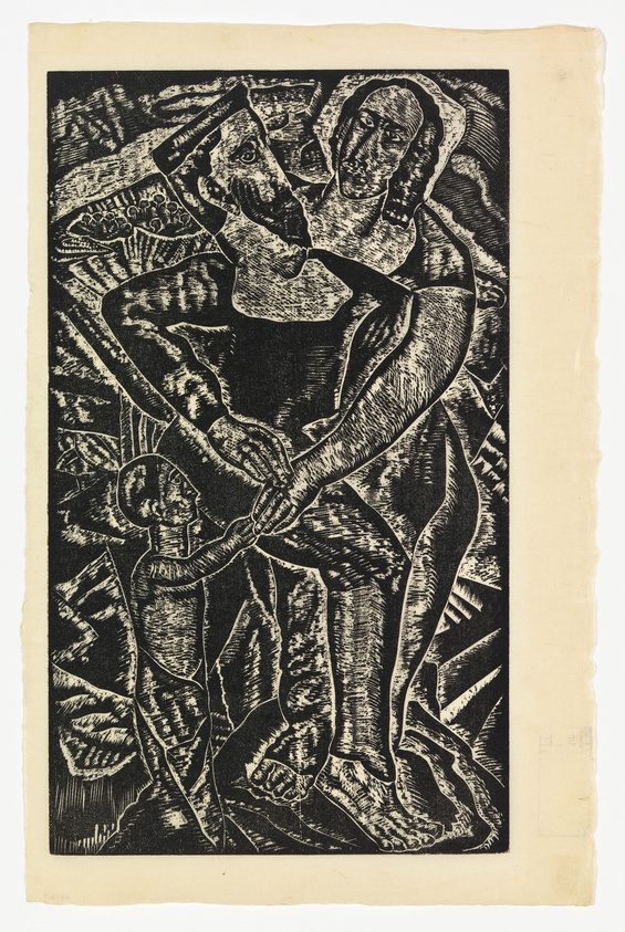 A black and white woodcut print depicting two stylized figures, possibly representing a family, with exaggerated and angular features. The central figure, which appears to be a man, holds a child in his arms, while a woman stands beside him, her hand on the child's foot. The background is filled with abstract patterns and shapes, suggesting foliage or a natural setting. The artwork has a raw, expressive quality, with bold contrasts and a sense of dynamic movement.