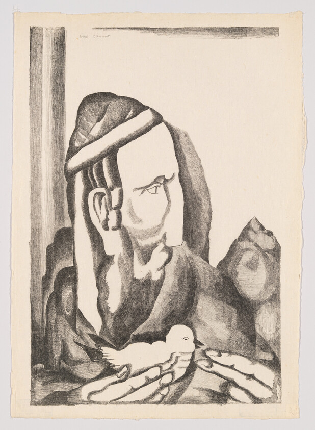 Bearded man in headscarf holding a small bird gently in his cupped hands.