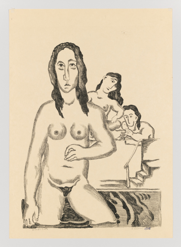 A sketch on tan paper featuring a stylized nude female figure in the foreground with long dark hair and a solemn expression. Behind her, two other figures appear to be engaged in a conversation, with one seated on the edge of a platform or stair and the other standing. The drawing is signed and dated at the bottom right.