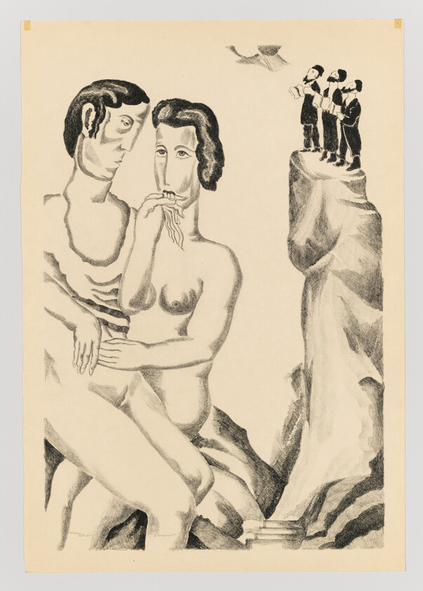 Nude couple sits close while three small men stand on a cliff reading a sheet.