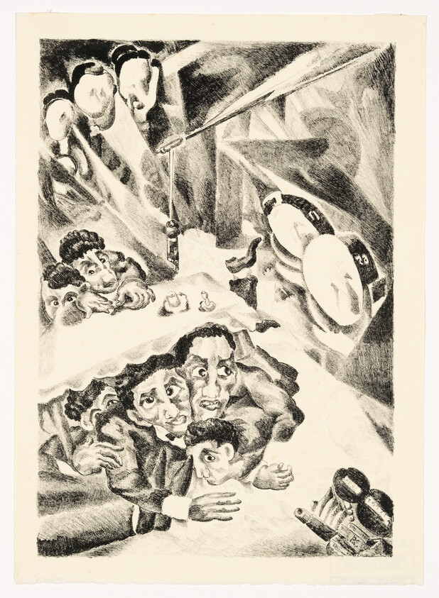 A group of frightened people huddle under a table as light and sounds loom above.