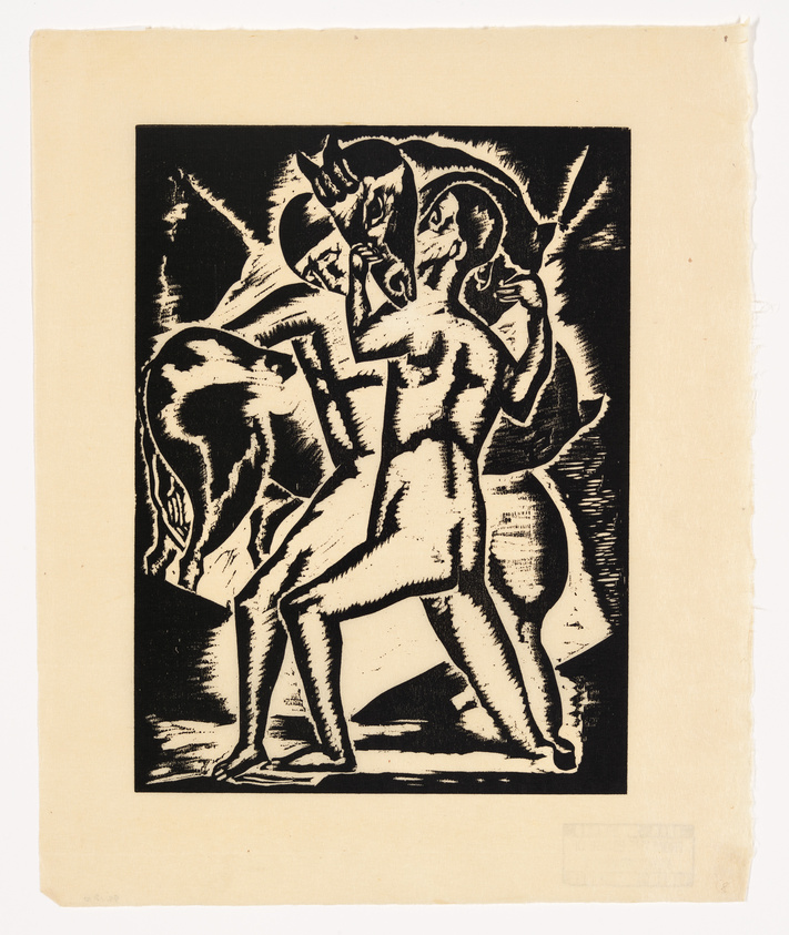 A black and white woodcut print depicting a stylized, dynamic scene with two figures, one appearing to be a mythical creature with horns, and the other a human figure, both engaged in an intense interaction. The background is solid black, emphasizing the contrast and the bold lines of the figures. The print is on cream-colored paper with visible edges and a slight tear on the top edge.