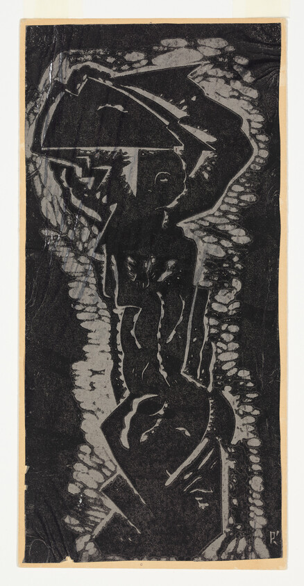 Naked woman standing in profile holding an umbrella above her head against a textured black background.