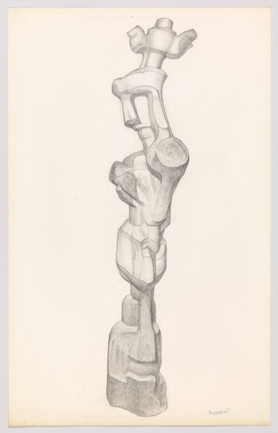 Pencil drawing of an abstract, totem-like sculpture with various geometric shapes stacked vertically, signed by the artist at the bottom right corner.