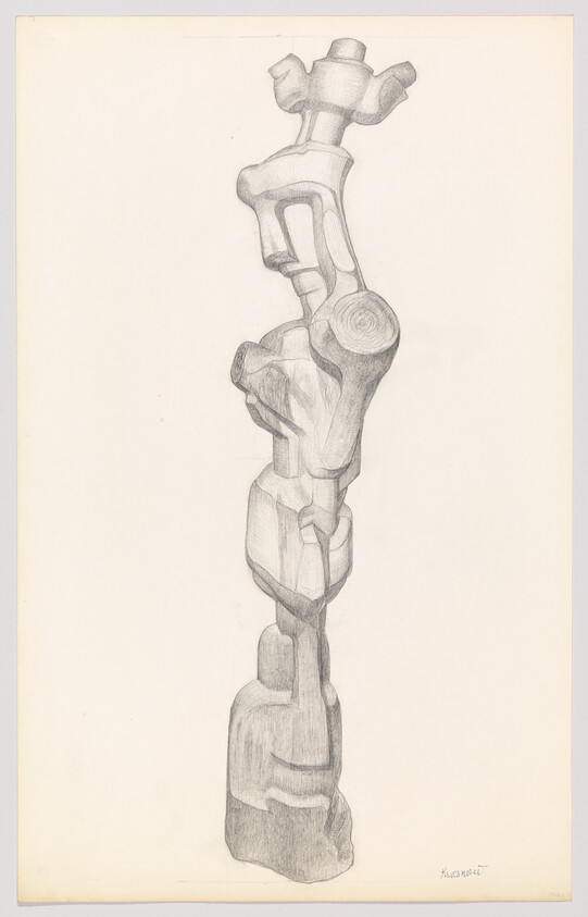 A tall pencil sketch of an abstract carved wooden totem with stacked organic shapes.