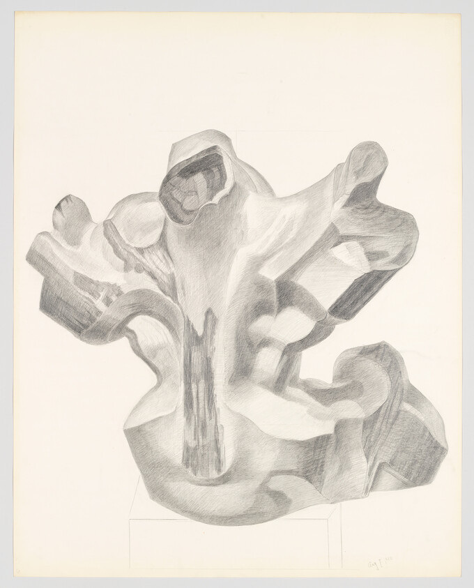 Pencil drawing of a large abstract organic sculpture with flowing shapes resting on a pedestal.