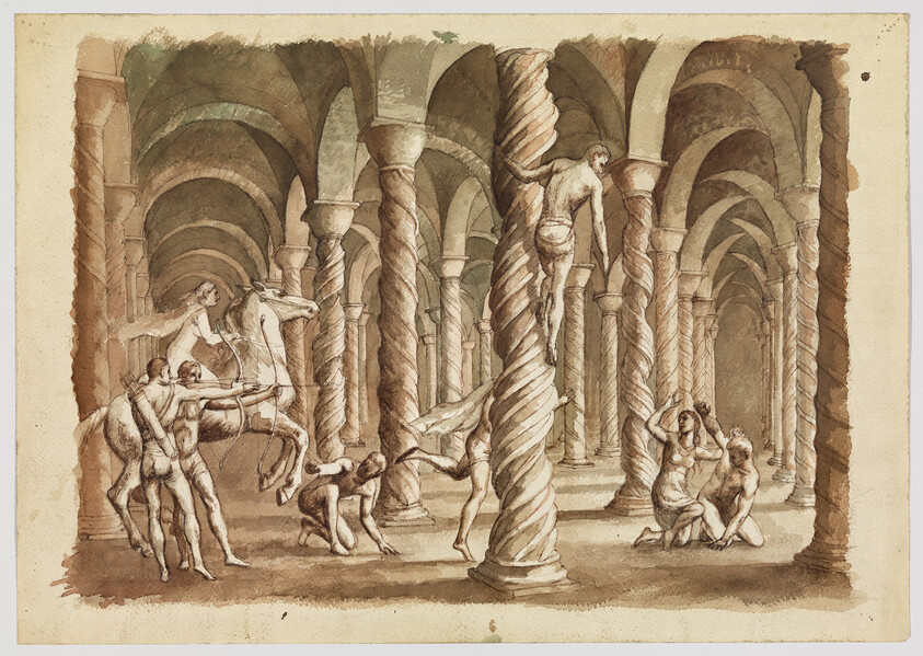 Several nude figures and a rider interact among twisted columns in a vaulted classical hall.