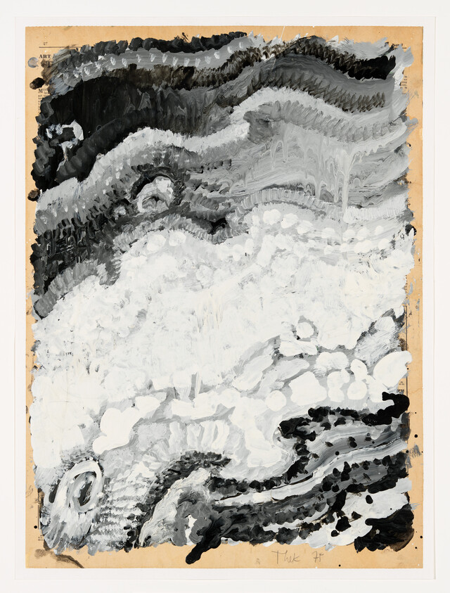 Abstract black-and-white painting with layered wavy brushstrokes and textured swirls on paper.