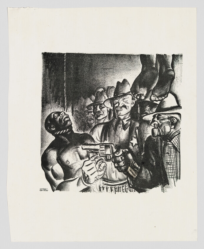 A Black man is threatened by armed white men in a mob with hanging bodies in the background.