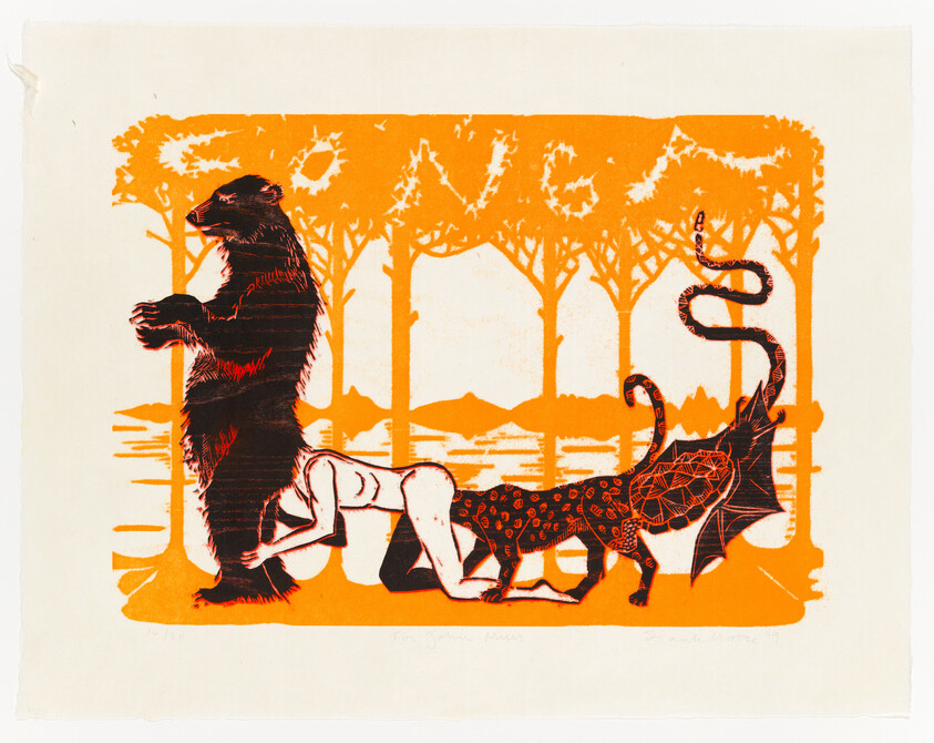 A standing bear leads a crawling human who merges into a hybrid animal with a serpent tail.