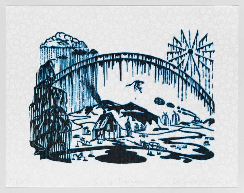 A stylized rural scene with an arched bridge over houses, a windmill, and a flying bird.