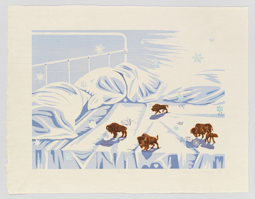 A bed with rumpled sheets appears as a snowy landscape with five small bison walking across it.