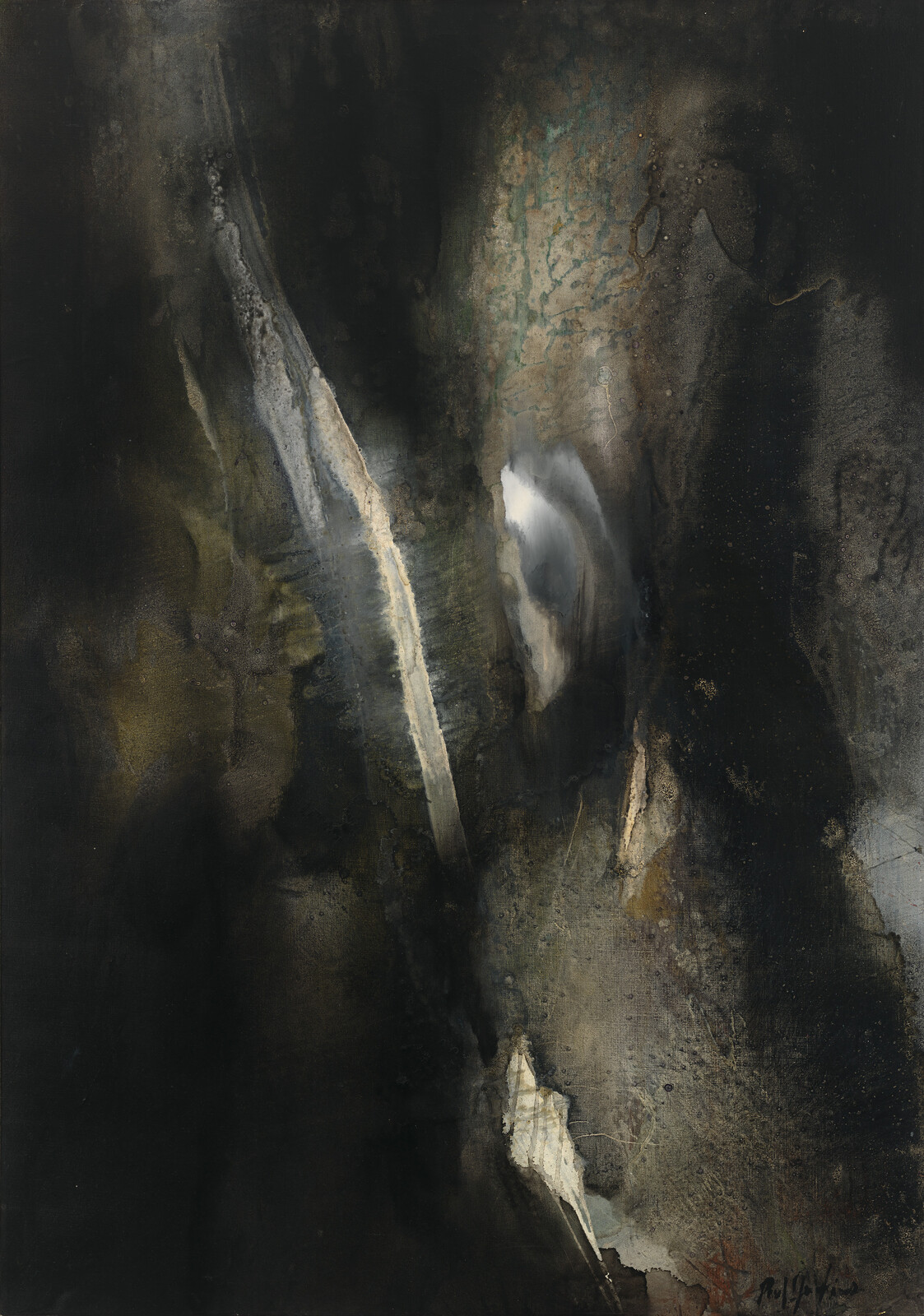 Dark abstract painting with vertical pale streaks and textured areas suggesting depth and erosion.