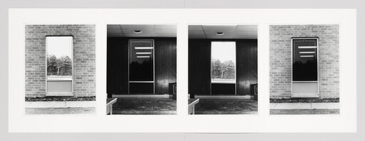 Four black-and-white photographs showing windows and exterior/interior wall reflections arranged in a row.