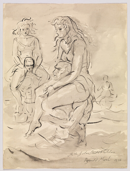 A woman sits on a man's shoulders while other figures wade in shallow water.