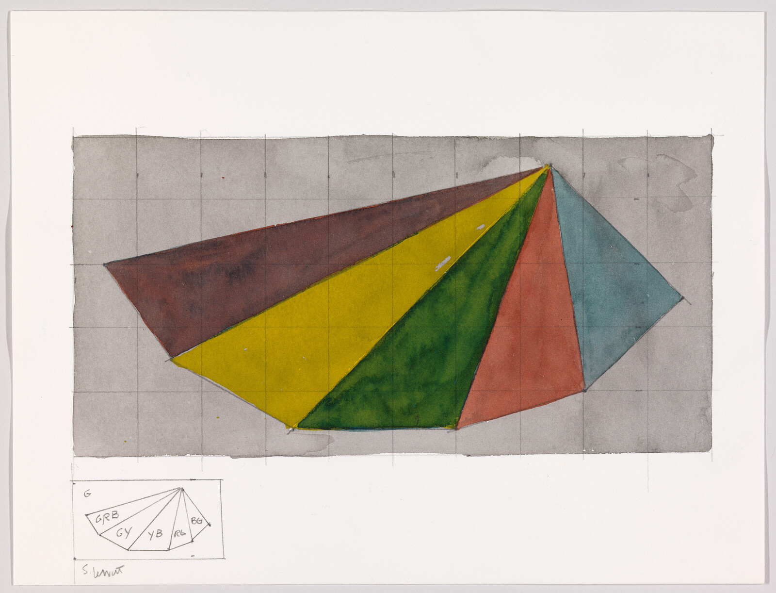 A watercolor painting of an abstract geometric composition with a series of connected triangles in various colors such as brown, yellow, green, red, and blue on a grid background. Below the main image, there is a small diagram with labeled vertices corresponding to the colors in the painting, and the artist's initials "S.W." to the left of the diagram.