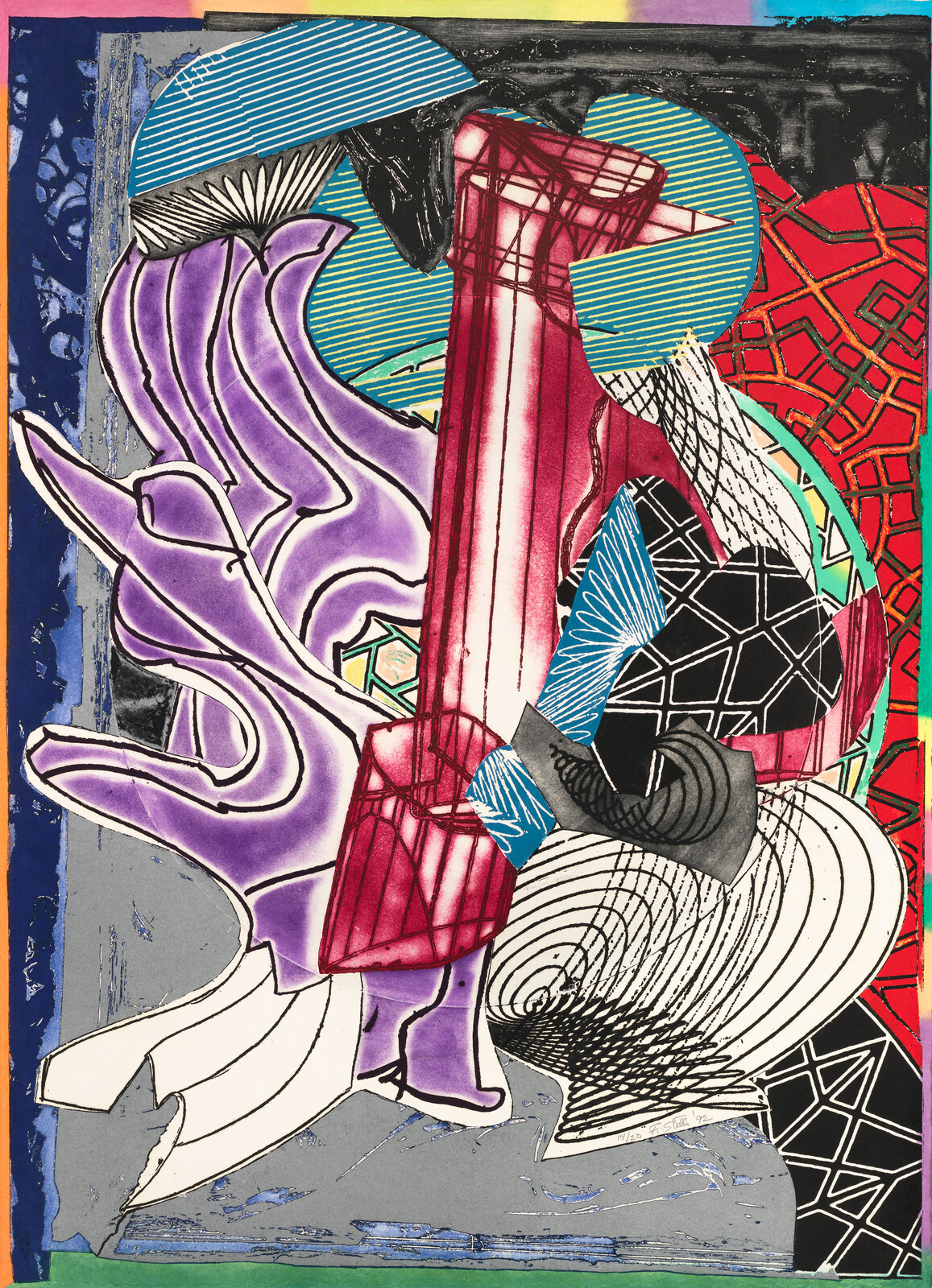 Bright abstract collage with a central red column overlapping purple organic shapes and patterned circles.