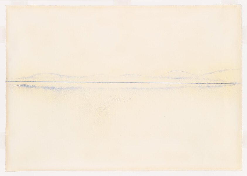 Faint blue horizontal line and soft hills suggest a distant horizon across pale cream paper.