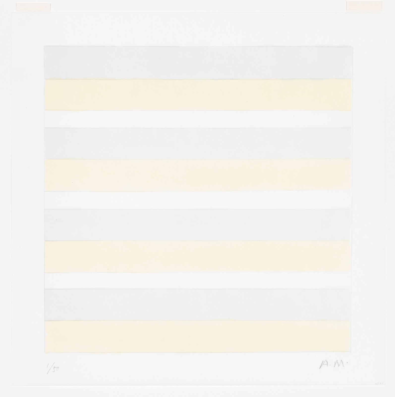 Minimalist artwork showing alternating pale yellow and pale gray horizontal stripes inside a wide white border.