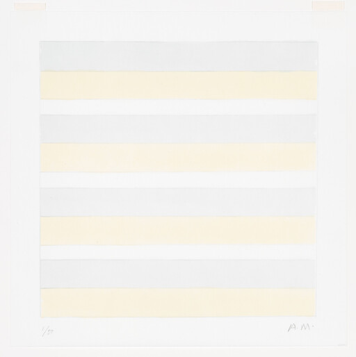 Minimalist artwork showing alternating pale yellow and pale gray horizontal stripes inside a wide white border.