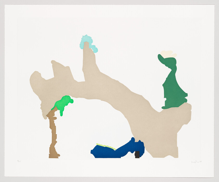 A beige arch-like shape with scattered green and blue color blobs on a white background.