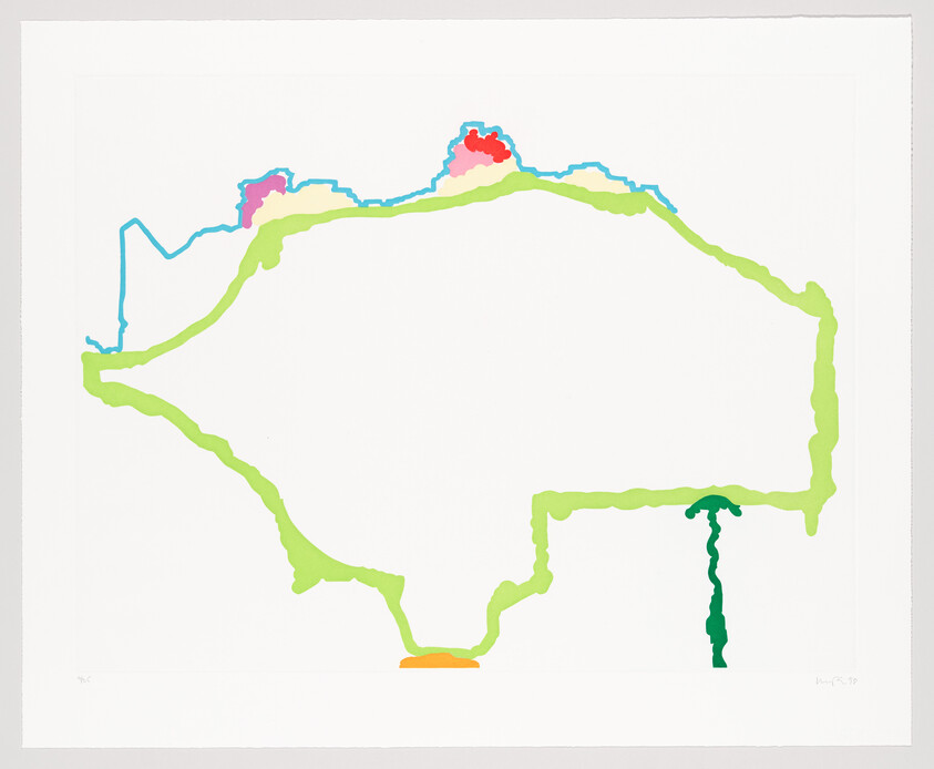 An abstract green outline with colorful peaks along the top and a small orange mark at the bottom.