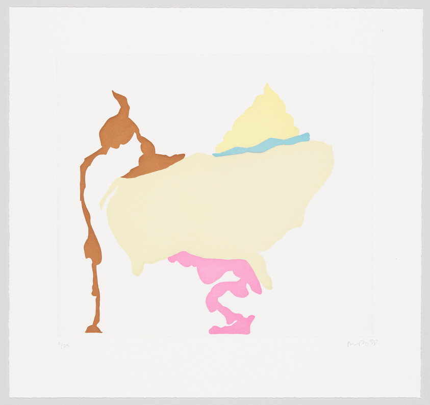 Abstract pastel shapes resembling a stylized bird with a brown standing stick on a white background.