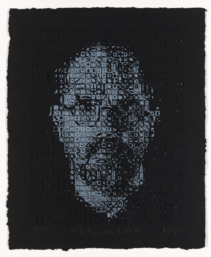 A monochromatic artwork depicting a human face composed of various geometric shapes on a black background, with the artist's signature and edition number at the bottom.