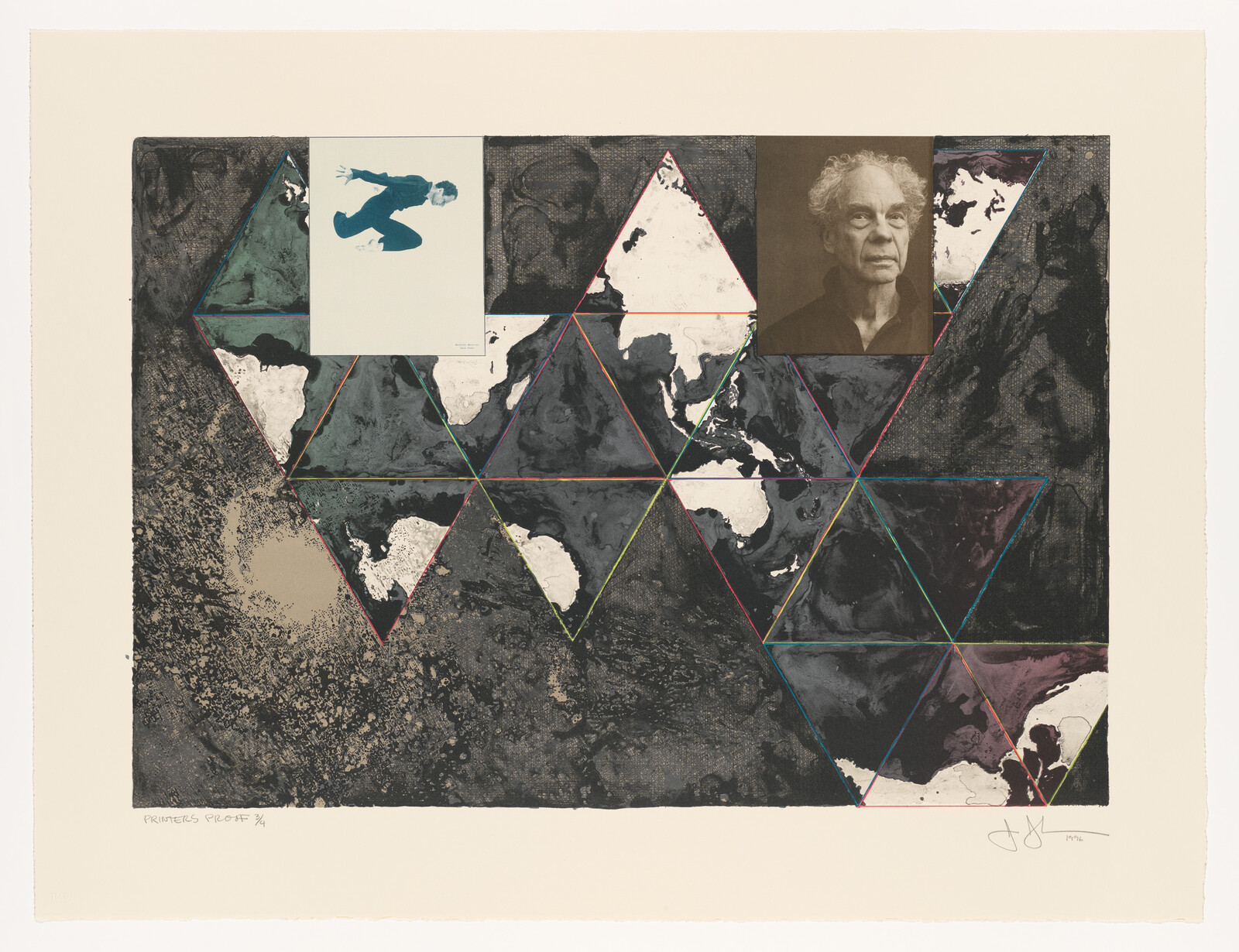 Triangular map collage with a portrait of an older man and a small leaping figure.