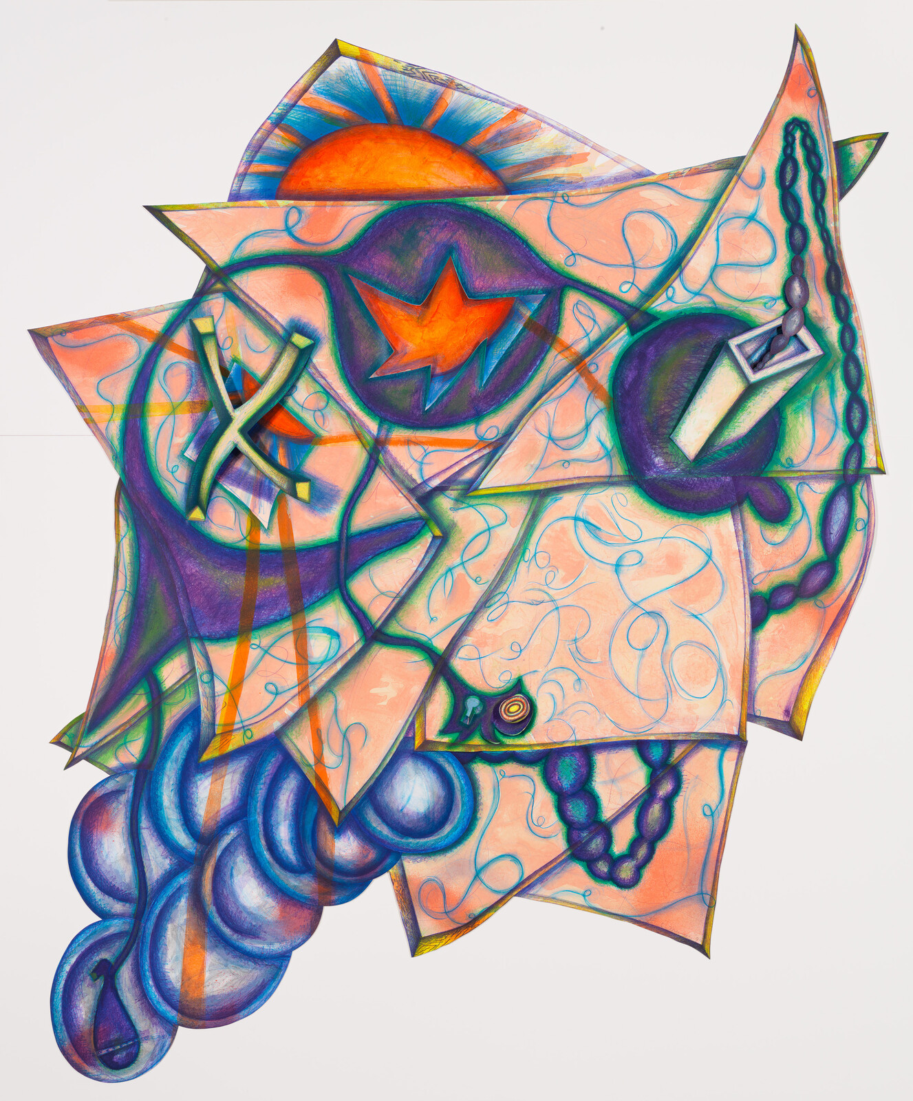 A vibrant and abstract drawing featuring a complex overlay of geometric shapes, predominantly stars, with a warm-toned sun at the center. The shapes are filled with a variety of colors and patterns, including swirls and smaller embedded shapes, creating a sense of depth and movement. The color palette includes shades of orange, blue, purple, and green, with subtle gradients and shading adding to the three-dimensional illusion.