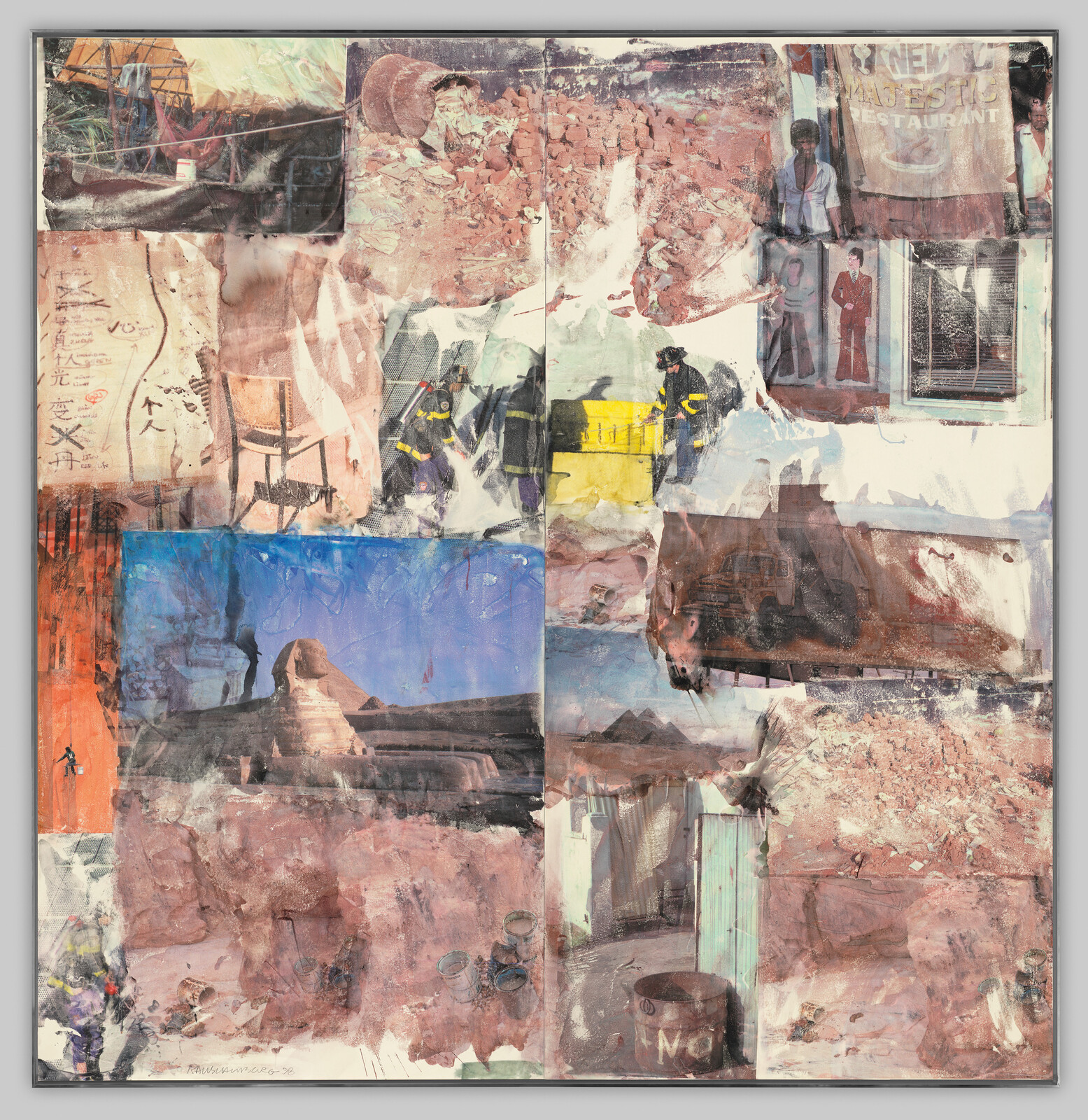 Collage showing firefighters carrying a yellow stretcher through rubble amid urban and desert images.