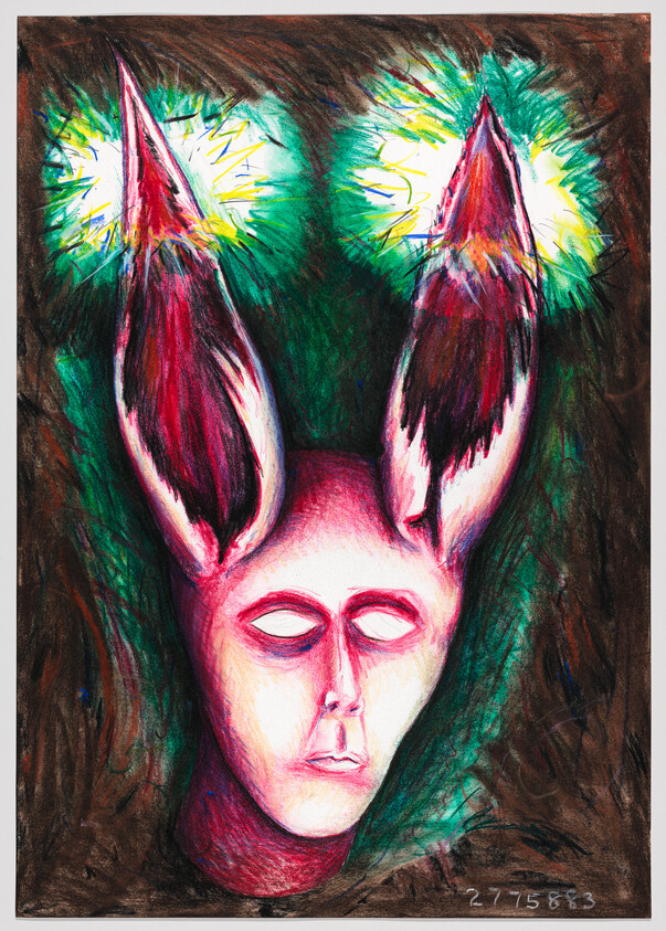 A vibrant, expressionistic drawing of a humanoid figure with stylized deer-like ears and closed eyes. The ears are colored with bright red and white hues, surrounded by bursts of green and yellow, suggesting a dynamic, almost firework-like energy. The face is rendered in shades of pink and red with a serene expression. The background is a mix of dark and earthy tones, creating a stark contrast with the luminous ears.